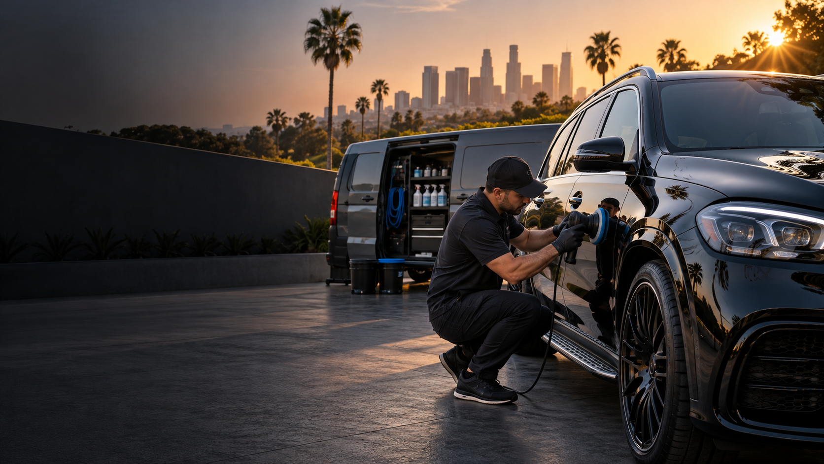 Professional mobile detailer polishing a black vehicle
